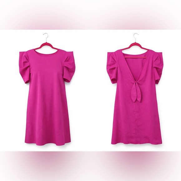 Dresses & Skirts - Bright Fuchsia Puff-Sleeve Tie-Back Dress